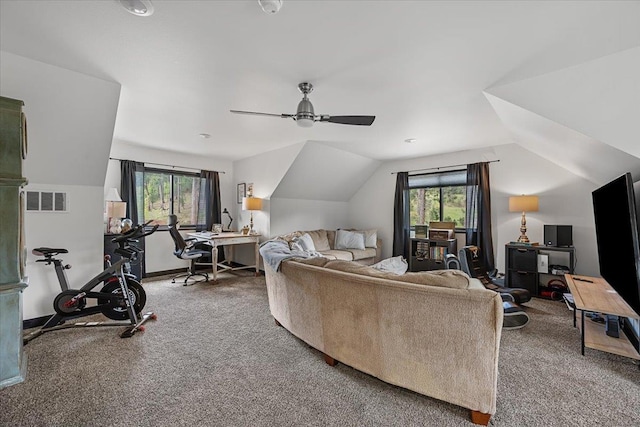 3135 American Eagle Rd, Spearfish, SD 57783 - carpeted living area with an office area, healthy amount of natural light, ceiling fan, and lofted ceiling