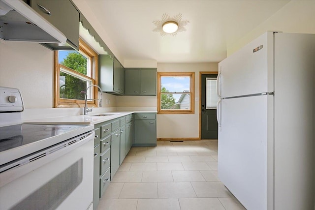 1041 State St, Spearfish, SD 57783 - kitchen featuring white appliances, green cabinetry, under cabinet range hood, and healthy amount of natural light