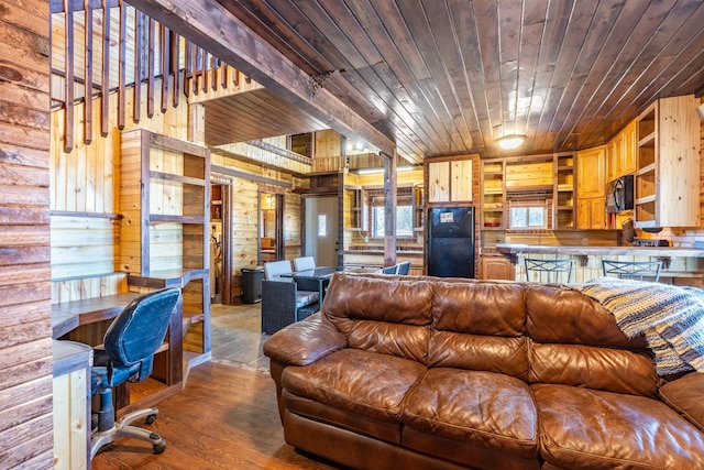 25426 Sidney Park Rd, Custer, SD 57730 - living room with wooden walls, a desk, wood ceiling, and wood finished floors