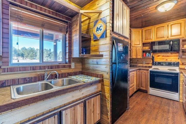 25426 Sidney Park Rd, Custer, SD 57730 - kitchen with black appliances, wood ceiling, wood walls, a sink, and dark wood-style flooring