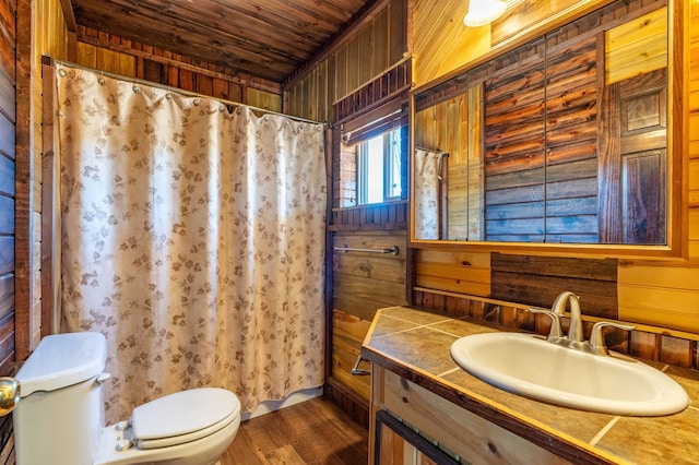 25426 Sidney Park Rd, Custer, SD 57730 - bathroom featuring toilet, vanity, wood ceiling, wood walls, and wood finished floors
