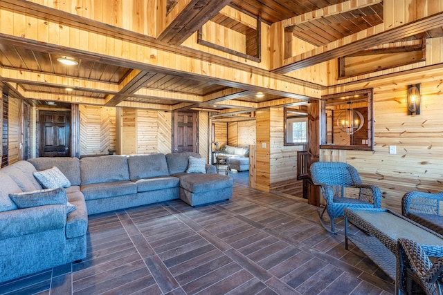 25426 Sidney Park Rd, Custer, SD 57730 - living area with wood walls, wood ceiling, and dark wood-style floors