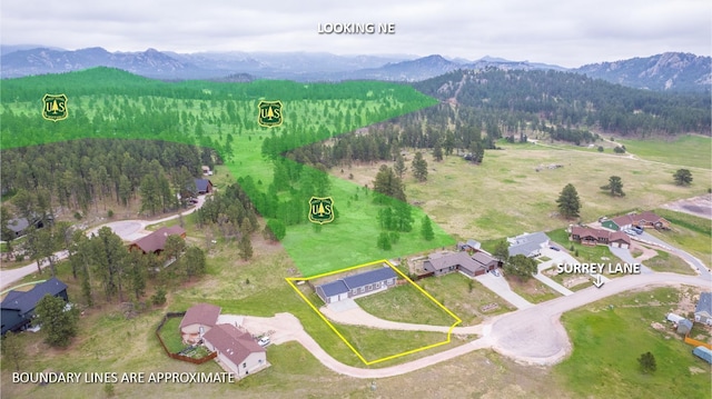 151 Surrey Ln, Custer, SD 57730 - aerial overview of property's location featuring a mountainous background and property parcel outlined