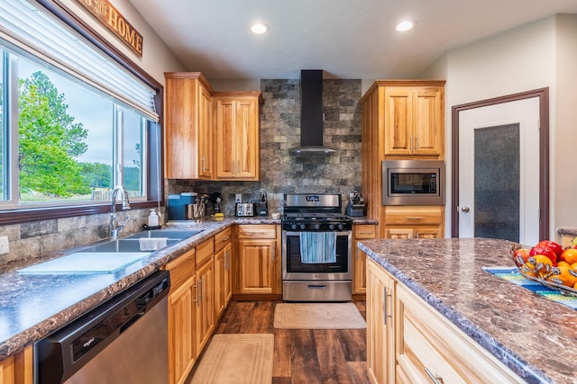 151 Surrey Ln, Custer, SD 57730 - kitchen with stainless steel appliances, wall chimney range hood, a sink, dark wood finished floors, and decorative backsplash