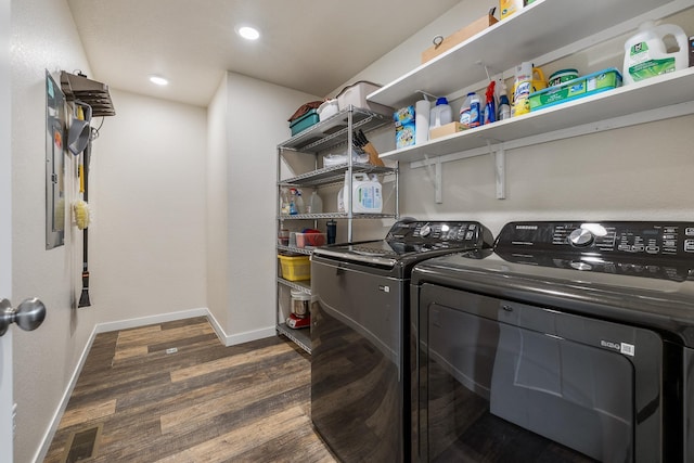 516 Aaron Ct, Rapid City, SD 57703 - laundry room featuring independent washer and dryer, dark wood finished floors, baseboards, and recessed lighting