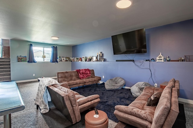 6794 Abelia St, Rapid City, SD 57703 - living area featuring carpet flooring, baseboards, and stairs