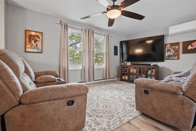 4425 Bronco Ln, Rapid City, SD 57701 - living room with a wall mounted air conditioner, a baseboard radiator, wood finished floors, and ceiling fan