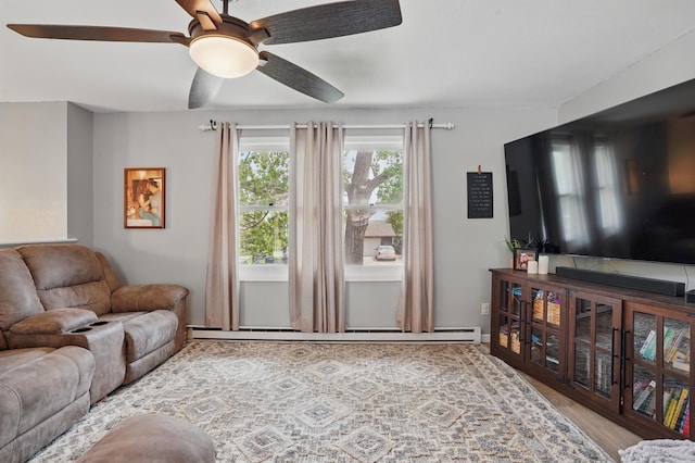 4425 Bronco Ln, Rapid City, SD 57701 - living room featuring ceiling fan, baseboard heating, and wood finished floors
