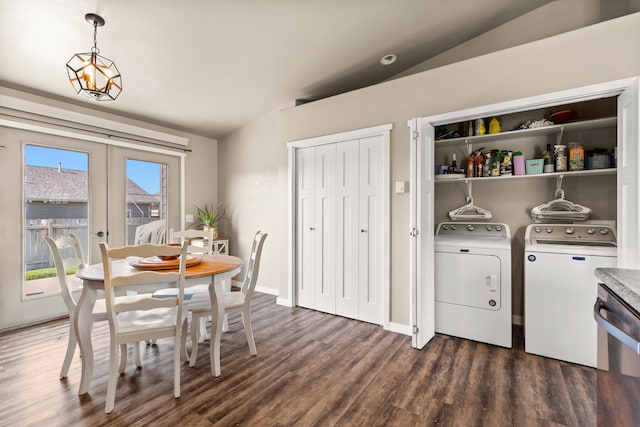 4961 Savannah St, Rapid City, SD 57703 - dining area with washing machine and dryer, dark wood-style floors, french doors, lofted ceiling, and baseboards