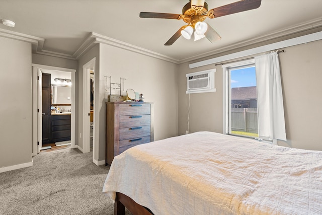 4961 Savannah St, Rapid City, SD 57703 - bedroom with a wall mounted air conditioner, carpet, ornamental molding, baseboards, and ceiling fan