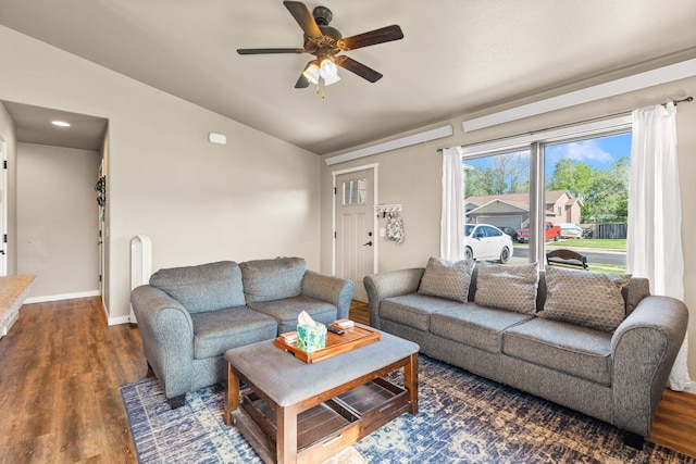 4961 Savannah St, Rapid City, SD 57703 - living area with vaulted ceiling, ceiling fan, wood finished floors, and baseboards