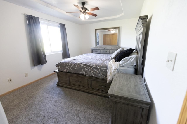 752 Bear Tooth Ct, Box Elder, SD 57719 - bedroom with a tray ceiling, carpet flooring, baseboards, and ceiling fan