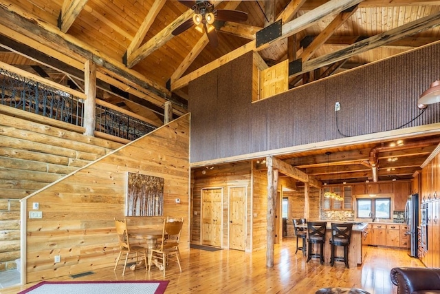 23470 Mineral Ln, Hill City, SD 57745 - dining space featuring high vaulted ceiling, wood walls, ceiling fan, light wood-style flooring, and wooden ceiling with exposed beams