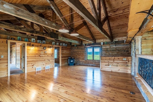 23470 Mineral Ln, Hill City, SD 57745 - unfurnished living room with wood ceiling with exposed beams, wood walls, wood-type flooring, and high vaulted ceiling