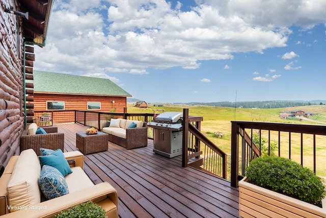 23470 Mineral Ln, Hill City, SD 57745 - wooden deck with an outdoor living space, a view of rural / pastoral area, and grilling area