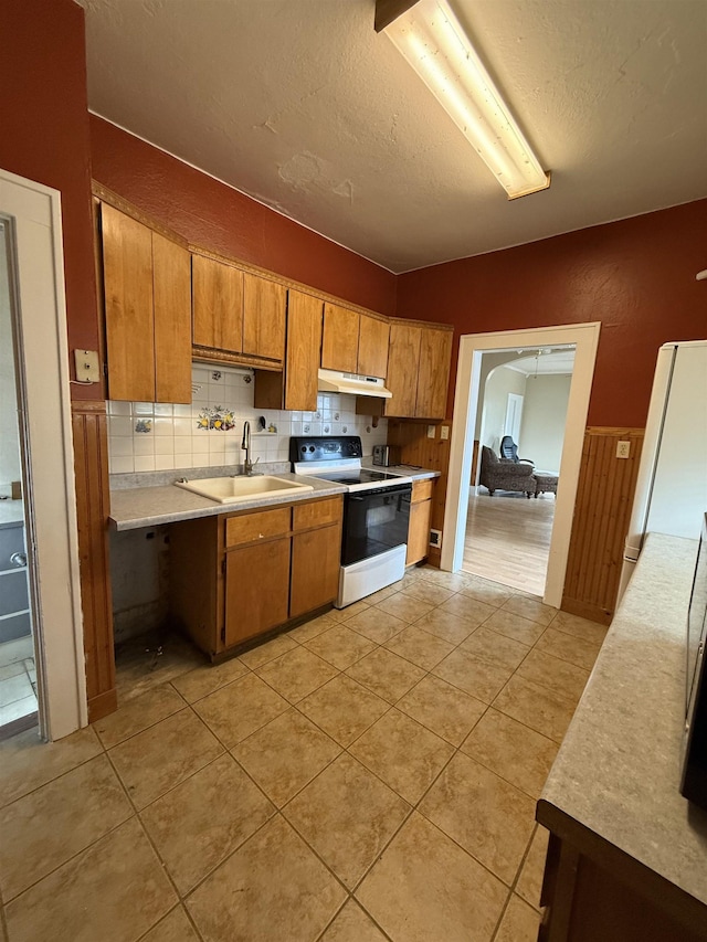 304 6th Ave, Edgemont, SD 57735 - kitchen with range with electric cooktop, a sink, under cabinet range hood, decorative backsplash, and freestanding refrigerator