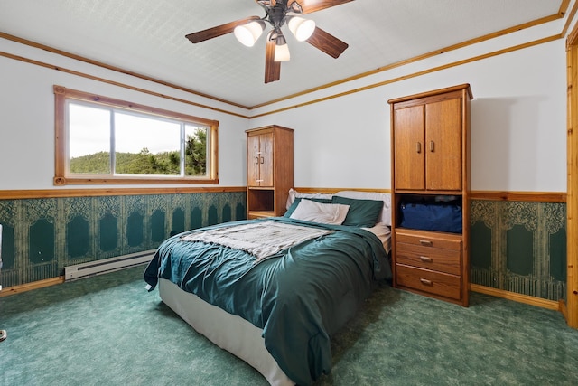 25370 S Lightning Creek Rd, Custer, SD 57730 - carpeted bedroom with a baseboard radiator, a wainscoted wall, crown molding, and ceiling fan