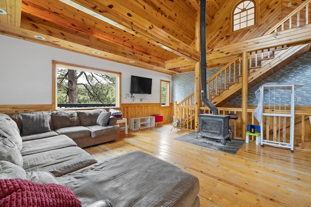 25370 S Lightning Creek Rd, Custer, SD 57730 - living area with a wainscoted wall, hardwood / wood-style floors, wooden walls, a wood stove, and stairway