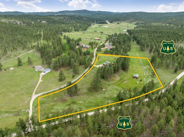 25370 S Lightning Creek Rd, Custer, SD 57730 - aerial view of sparsely populated area with property boundaries highlighted, a forest, and mountains