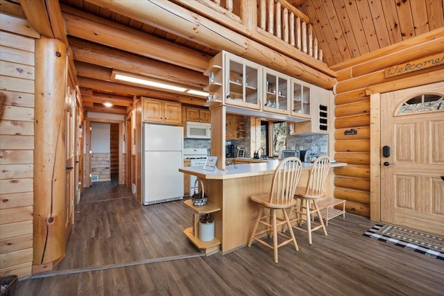 15377 Ridgeview Trl, Piedmont, SD 57783 - kitchen with white appliances, log walls, open shelves, dark wood-style floors, and a peninsula