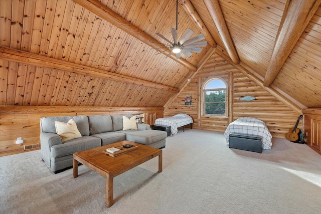 15377 Ridgeview Trl, Piedmont, SD 57783 - carpeted living room featuring rustic walls, wood ceiling, and a ceiling fan