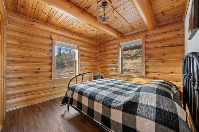 15377 Ridgeview Trl, Piedmont, SD 57783 - bedroom with wooden ceiling with exposed beams, wood finished floors, a relaxing sauna, and log walls