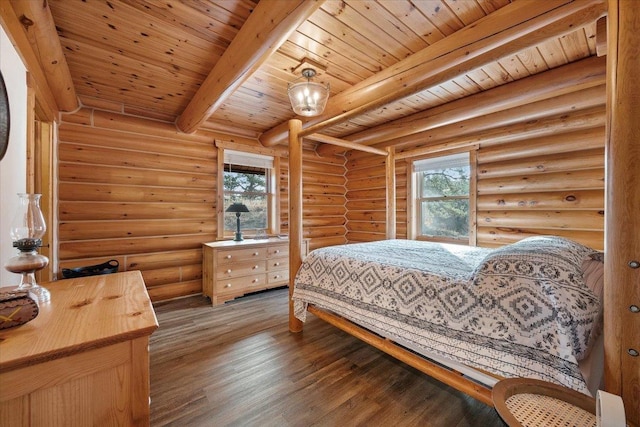 15377 Ridgeview Trl, Piedmont, SD 57783 - bedroom featuring multiple windows, wood ceiling with exposed beams, rustic walls, and wood finished floors