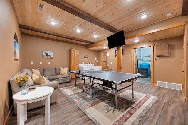 15377 Ridgeview Trl, Piedmont, SD 57783 - rec room featuring light wood-style flooring, recessed lighting, wooden ceiling with exposed beams, and baseboards