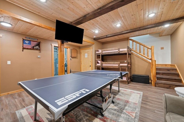 15377 Ridgeview Trl, Piedmont, SD 57783 - recreation room featuring wooden ceiling with exposed beams, wood finished floors, baseboards, and recessed lighting