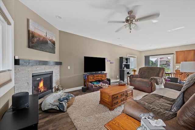 3781 W Beartooth Loop, Spearfish, SD 57783 - living room with wood finished floors, a fireplace, and ceiling fan
