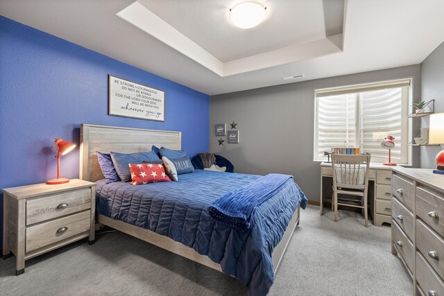 6315 Dunsmore Rd, Rapid City, SD 57702 - bedroom with light carpet, a desk, and a tray ceiling