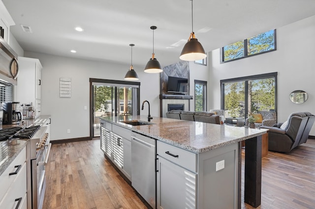 21332 Trailside Rd, Lead, SD 57754 - kitchen with appliances with stainless steel finishes, open floor plan, a fireplace, light wood-style flooring, and recessed lighting