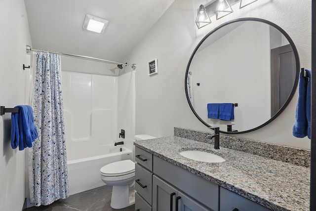 21332 Trailside Rd, Lead, SD 57754 - bathroom with vanity, lofted ceiling, and shower / tub combo with curtain