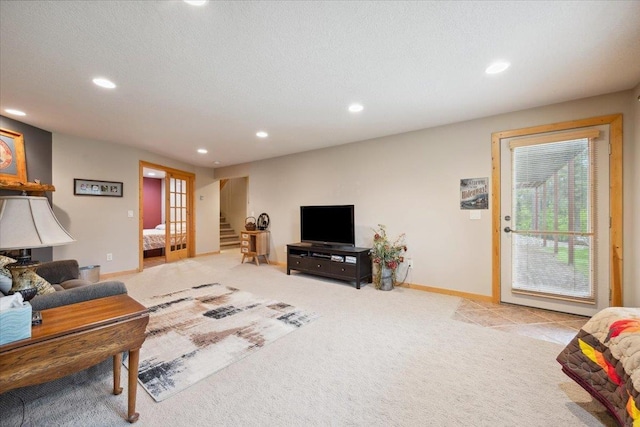 2040 Aster Rd, Spearfish, SD 57783 - living room featuring recessed lighting, light colored carpet, and stairway