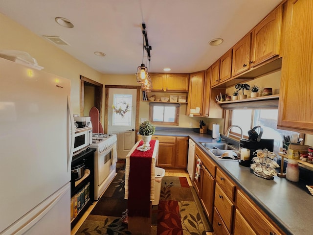 417 Spark St, Lead, SD 57754 - kitchen with white appliances, open shelves, pendant lighting, recessed lighting, and brown cabinets