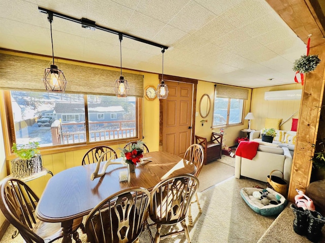 417 Spark St, Lead, SD 57754 - dining area featuring a wall mounted air conditioner, carpet floors, and rail lighting