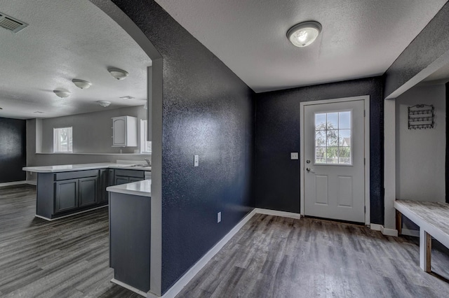 212 E Custer St, Rapid City, SD 57701 - mudroom with a textured ceiling, dark wood-style floors, a textured wall, arched walkways, and plenty of natural light
