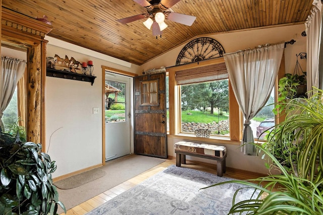 12817 Echo Rd, Hot Springs, SD 57747 - foyer with lofted ceiling, wood ceiling, ceiling fan, and light wood-type flooring
