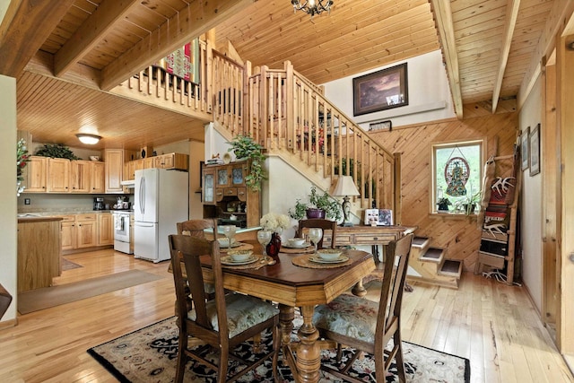 12817 Echo Rd, Hot Springs, SD 57747 - dining room featuring wood walls, stairs, light wood-style flooring, and a wooden ceiling with exposed beams