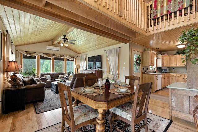 12817 Echo Rd, Hot Springs, SD 57747 - dining space with a wall unit AC, ceiling fan, light wood-style flooring, and wooden ceiling