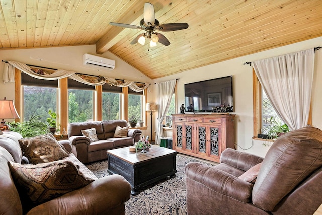 12817 Echo Rd, Hot Springs, SD 57747 - living area with an AC wall unit, ceiling fan, and wooden ceiling