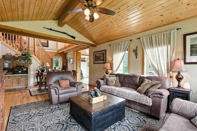 12817 Echo Rd, Hot Springs, SD 57747 - living room with light wood finished floors, stairway, ceiling fan, and wood ceiling