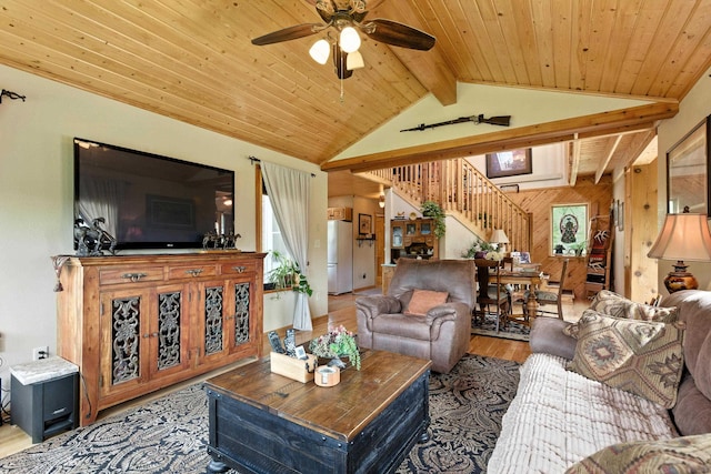 12817 Echo Rd, Hot Springs, SD 57747 - living room featuring wood finished floors, stairs, a ceiling fan, wooden ceiling, and wood walls