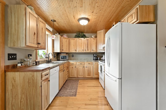 12817 Echo Rd, Hot Springs, SD 57747 - kitchen with white appliances, light brown cabinets, light wood-style floors, wood ceiling, and pendant lighting