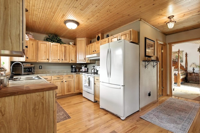 12817 Echo Rd, Hot Springs, SD 57747 - kitchen with white appliances, light brown cabinets, under cabinet range hood, light wood-style floors, and wooden ceiling