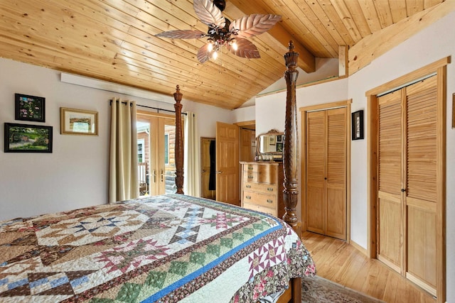 12817 Echo Rd, Hot Springs, SD 57747 - bedroom with wood ceiling, french doors, light wood-style flooring, access to outside, and two closets