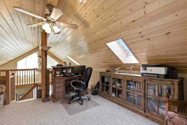 12817 Echo Rd, Hot Springs, SD 57747 - carpeted office featuring a skylight, wood ceiling, lofted ceiling, and a ceiling fan