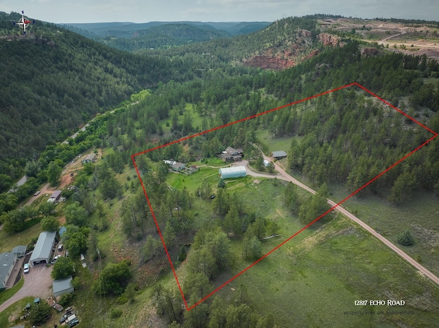 12817 Echo Rd, Hot Springs, SD 57747 - aerial view of property and surrounding area with property parcel outlined and a mountain backdrop