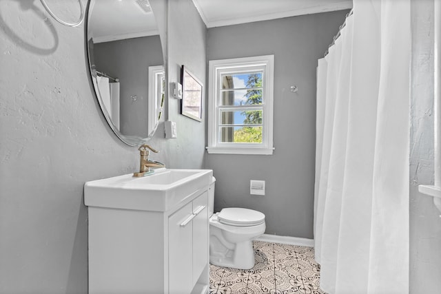 803 W St, Rapid City, SD 57701 - full bath with vanity, ornamental molding, tile patterned floors, and a shower with shower curtain