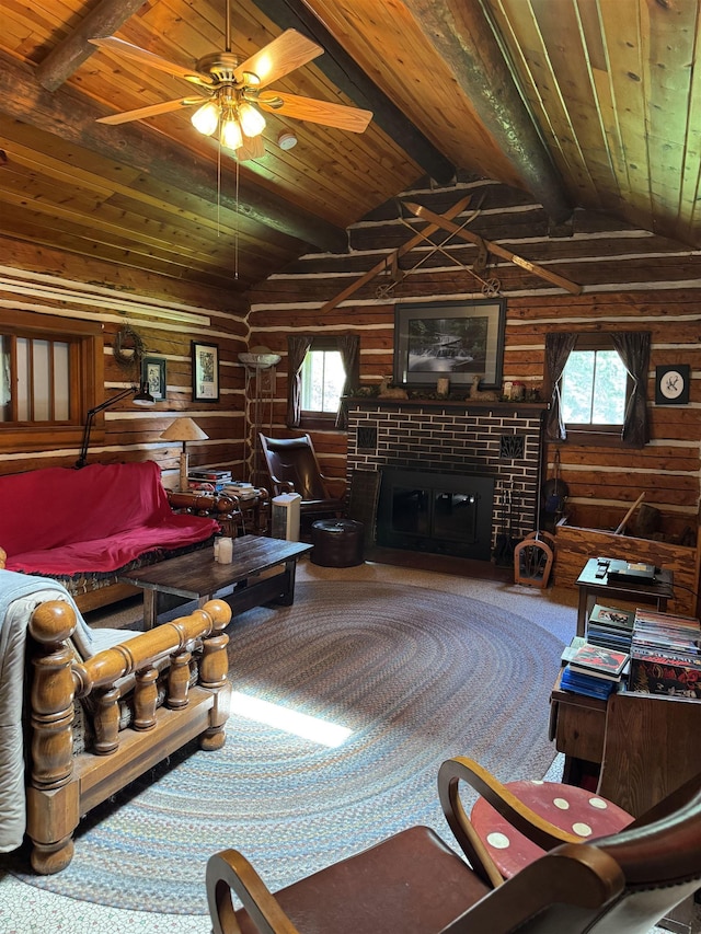 21454 US Highway 85, Lead, SD 57754 - living area with wooden ceiling, wooden walls, carpet floors, a brick fireplace, and ceiling fan